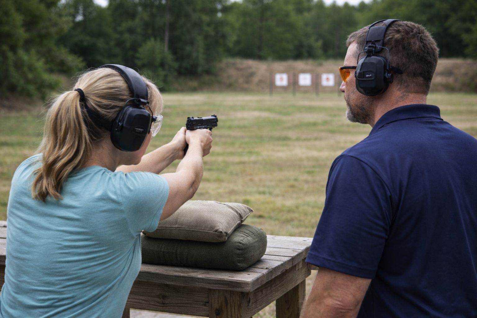 New shooter receiving calm instructor-guided firearms training at an outdoor range