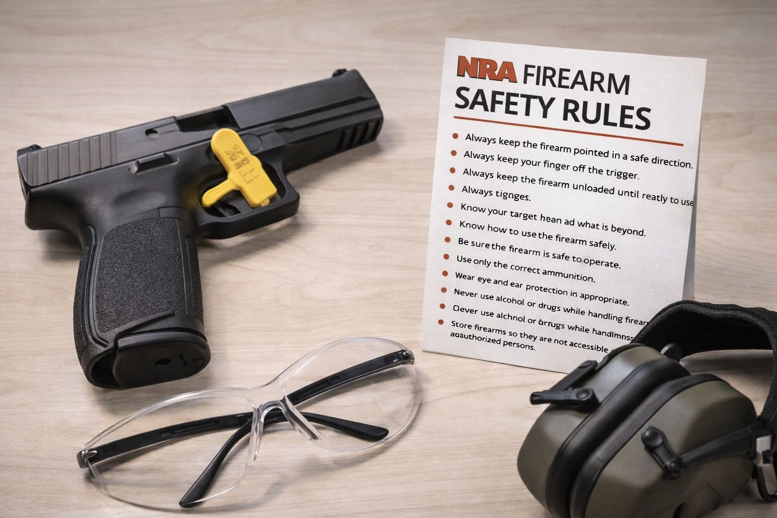 Firearm safety doctrine showing unloaded firearm, safety lock, chamber flag, and ammunition stored separately